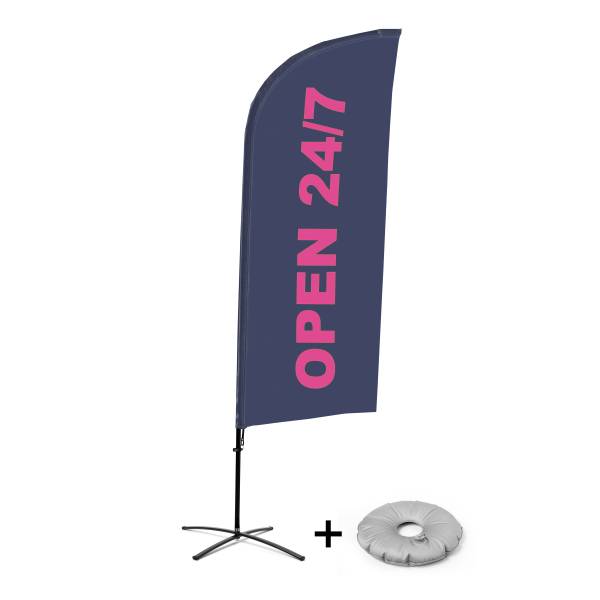 Beach Flag Alu Wind Kompletny Zestaw "Otwarty 24/7", angielski Cross-Base