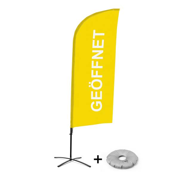 Beach Flag Alu Wind Kompletny Zestaw "Otwarty", żółty, niemiecki Cross-Base