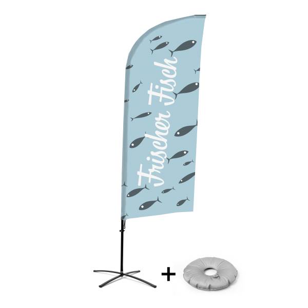 Beach Flag Alu Wind Kompletny Zestaw "Świeże Ryby", niemiecki Cross-Base